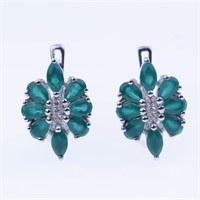 Green Agate & Zircon Sterling Slv Flower Earrings