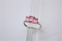 10k White Gold Pink Spinel 3 Emerald Ring