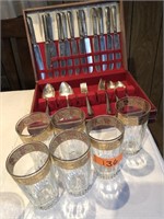 WR SILVERPLATE SET IN CHEST & WATER GLASSES