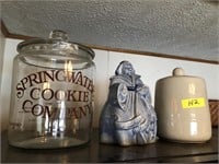 3 COOKIE JARS   (GLASS ONE IS CHIPPED)