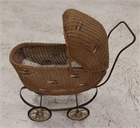 Vintage Wicker Baby Carriage W Quilted Mat
