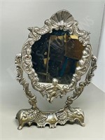 ornate silver plate shaving mirror/ stand