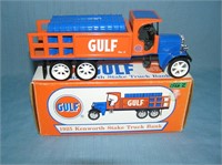 Vintage Gulf cast metal avertising truck bank with