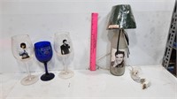 Elvis Lamp and (3) Wine Glasses