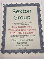 Two Tickets Winnipeg Jets Hockey Certificate