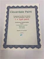 Cloverdale Paint one 2 Gallon Pail - Certificate