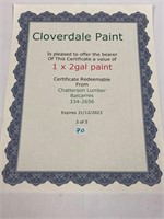 Cloverdale Paint one 2 Gallon Pail - Certificate
