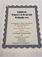 Sentry Premium Vinyl Siding 400 sq ft Certificate