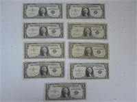 9 U.S. ONE DOLLAR SILVER CERTIFICATES-1935-1957