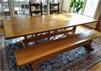 Amish Made Burl Wood Farm Table, 2 Chairs & Bench