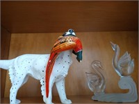 Chalk ware hunting dog figure and crystal swans