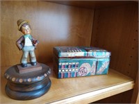 Ceramic trinket box, wooden musical figurine