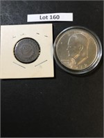 (2) Eisenhower Dollars, 1972 & 2 Cent 1865