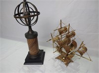 Brass & Marble Armillary Sphere; Brass Ship