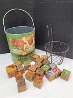 Primitive Wooden Blocks,  Cow Bucket & Basket