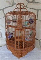 Oriental Style Bird Cage w/ Porcelain Feeders 25"T