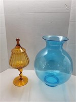 MCM 16"  Glass  Vase & 15" h Compote