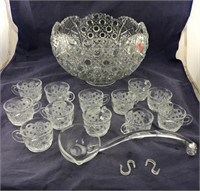 Huge Pressed Glass Punch Bowl/12 Cups/Glass Ladle