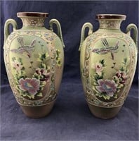 Pr Of Vntg Pastel Colored Vases With Bird/Flowers