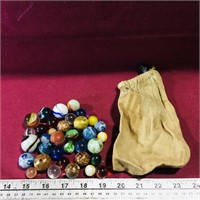 Lot Of Assorted Vintage Marbles & Pouch