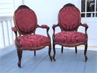Pair Antique Medallion Parlor Arm Chairs - Walnut