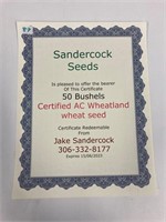 50 Bushels Certified AC Wheatland Seed Certificate