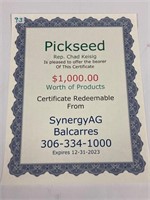 Pickseed $1000.00 Product Certificate