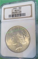 1922 MS 64 NGC Peace Silver Dollar - $84 CPG