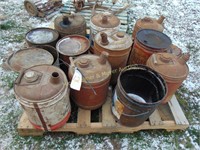 7--5 GALLON GAS OIL CANS INCLUDING MOBIL
