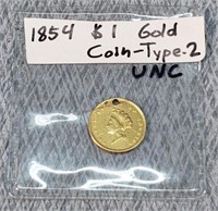 1854 UNC $1 Gold Coin - Type 2 - w/ Hole