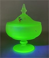Vintage Uranium Tiffin Glass Footed Covered Dish
