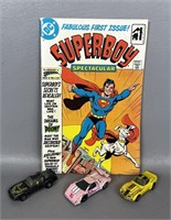 Three Vintage Die Cast Cars and DC Comic Book