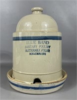 Vintage Stoneware Blue Band Poultry Feeder