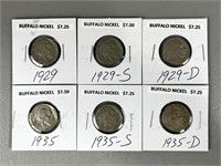 Six Various Dates Buffalo Nickel Coins