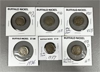 Six Various Dates Buffalo Nickel Coins