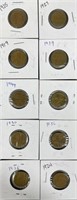 Ten Various Dates Lincoln Wheat Cents