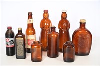 Vintage Amber Glass Bottles - Syrup, Flask, Snuff