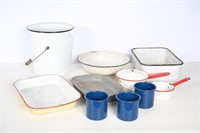 Vintage Enamelware Pans, Mugs, Bucket