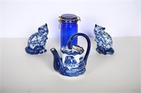 Vintage Ironstone Teapot, Chintz Style Cats & Jar