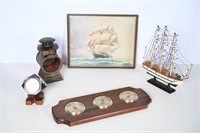 Vintage Ship Model, Oil Lantern, Barometers, Art