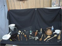 COPPER KETTLE,WOODEN SPOONS,SIFTERS,MASHERS,ETC.