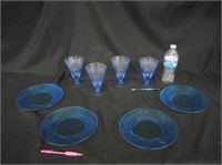 BLUE DEPRESSION GLASS PLATES & GLASSES