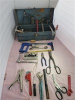 Metal tool box with hand tools