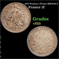 1917 France 1 Franc KM-844.1 Grades vf+