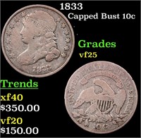 1833 Capped Bust Dime 10c Grades vf+