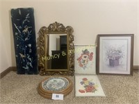 Five Floral Decorative Art Pieces, One Mirror