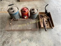 Vintage Gas Cans, Wire Basket, Tools