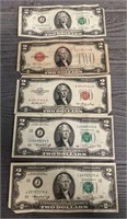 (5) Various 2 Dollar Bills