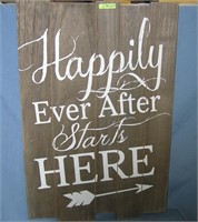 Happily Ever After Starts Here painted wood sign