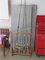 Six Fishing Poles, Reels and Rack, no shipping